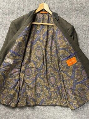 Tallia Men's Beige Blue Gray Plaid Linen Blazer 44R Button Notch